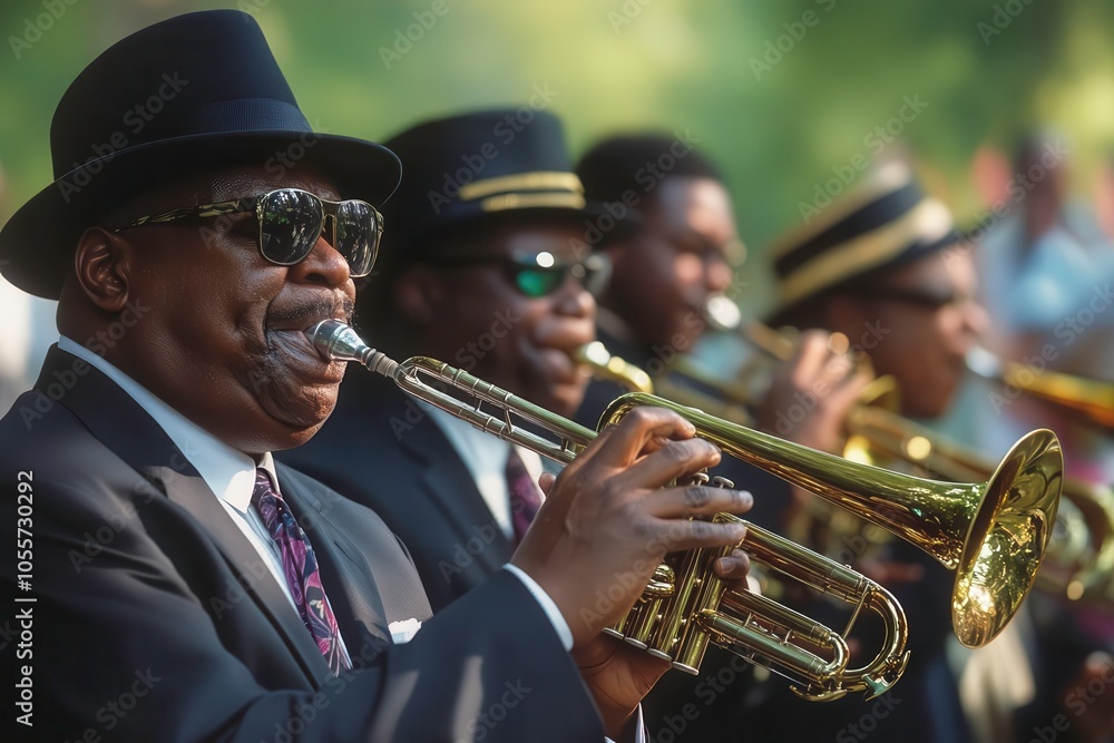 Obraz premium Musicians playing trumpets, wearing hats and sunglasses in a lively performance.