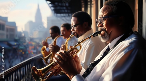 Musicians playing instruments on a balcony during sunset in a city. photo