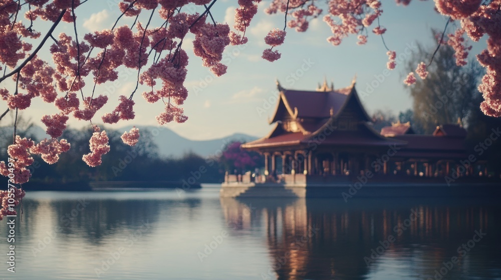Tranquil Asian Temple with Sakura Blossoms Tranquil Asian Temple with Sakura Blossoms