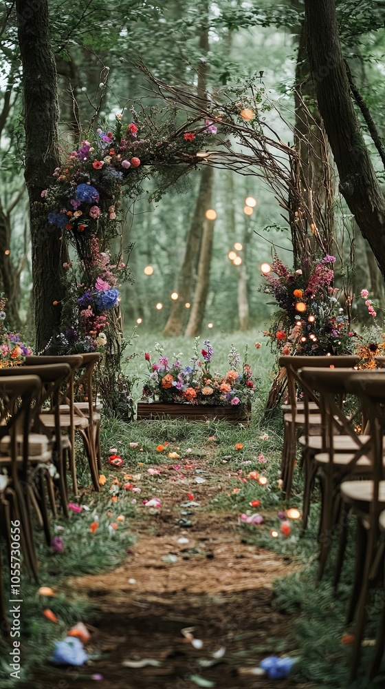 Romantic Forest Wedding Ceremony with Floral Arch and Fairy Lights Romantic Forest Wedding Ceremony with Floral Arch and Fairy Lights