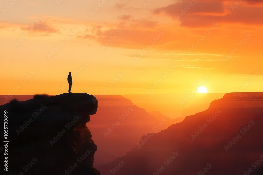 Silhouette of a person standing on a cliff during a vibrant sunset. Silhouette of a person standing on a cliff during a vibrant sunset.