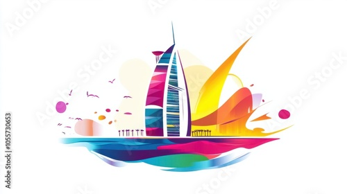 Colorful Burj Al Arab illustration, showing the luxury and innovation of Dubai, isolated on white photo