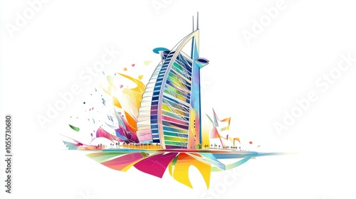 Colorful Burj Al Arab illustration, showing the luxury and innovation of Dubai, isolated on white