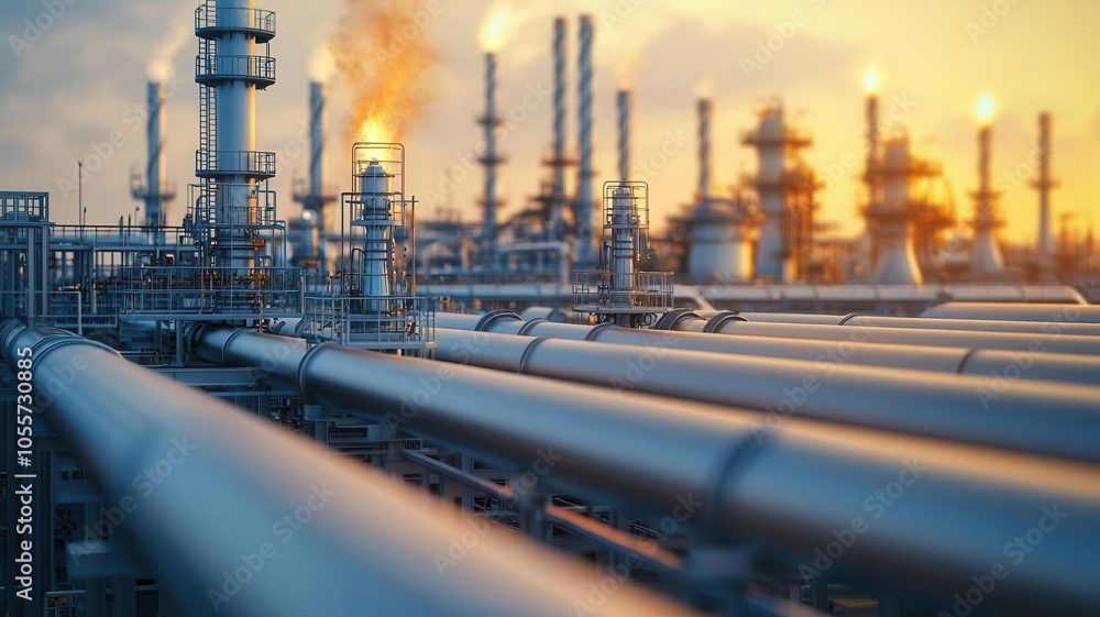 Closeup of refinery pipes, hot steam rising, fuel processing in action Closeup of refinery pipes, hot steam rising, fuel processing in action