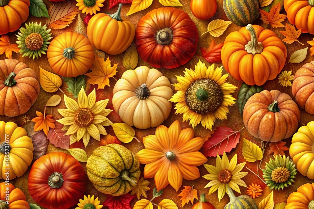 Autumn Harvest Pattern with Pumpkins, Sunflowers, and Fall Leaves in Warm Shades Autumn Harvest Pattern with Pumpkins, Sunflowers, and Fall Leaves in Warm Shades