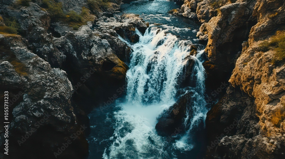 A serene waterfall cascading through rocky terrain, creating a tranquil natural scene. A serene waterfall cascading through rocky terrain, creating a tranquil natural scene.