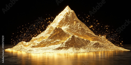 3D rendered gold mountain landscape isolated metallic texture curve with shimmering glossy glow lights abstract luxury fashion technology wallpaper on black background