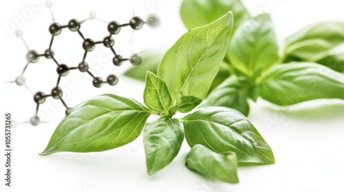 Basil leaf with biochemical structure of eugenol, symbolizing therapeutic properties, isolated on white photo