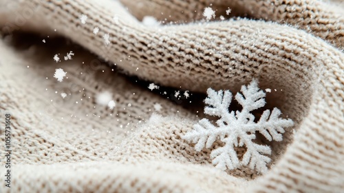 A closeup of snowflakes on a woolen scarf, detailed and delicate winter texture, festive warmth