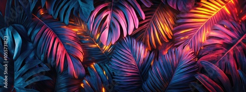 Tropical leaves illuminated by neon light.