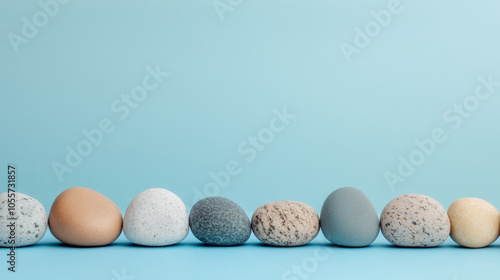 Assorted natural pebbles lined up on a light blue background photo