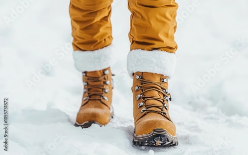 Winter hiking outfit with thermal jacket, snow pants, and rugged boots, in a snowy wilderness landscape, winter fashion, outdoor adventure photo