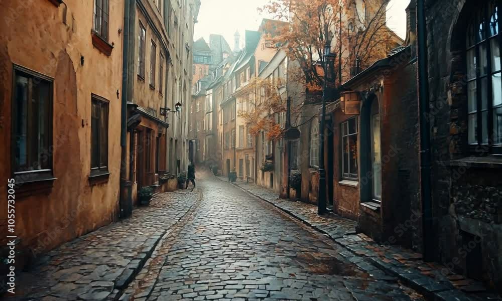 Cobblestone street lined with historic buildings and autumn trees. Cobblestone street lined with historic buildings and autumn trees.