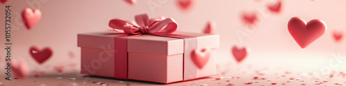 Pink gift box with ribbon and floating hearts on soft background