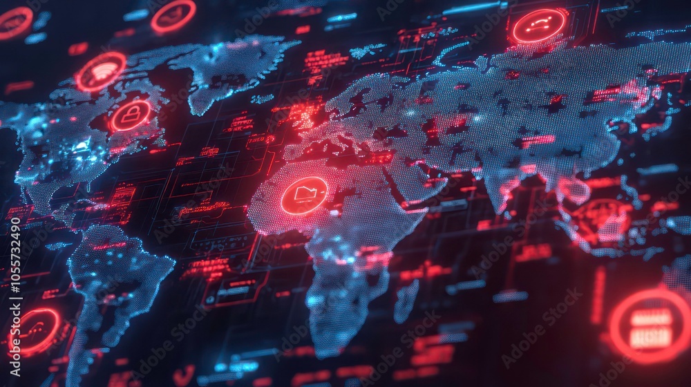 A digital world map with glowing icons representing data and technology. A digital world map with glowing icons representing data and technology.