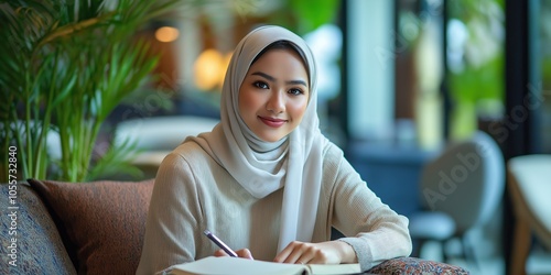 A woman wearing a scarf is sitting on a couch and writing in a notebook. She has a smile on her face, which suggests that she is enjoying the activity. Concept of relaxation and leisure