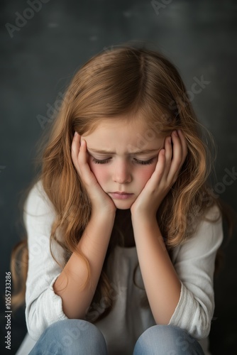 A young girl is sitting on the floor with her hands on her head. She looks sad and is crying