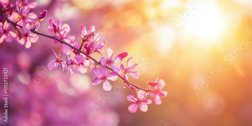 A pink flower branch with a sun shining on it. The sun is casting a warm glow on the flowers, making them look even more beautiful