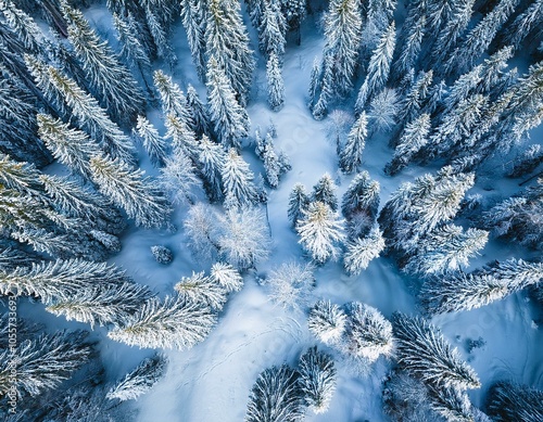 Aerial view of winter forest with snow covered everywhere. Winter landscape top view