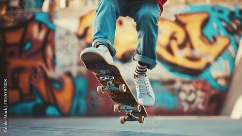 A skateboarder performs a trick in mid-air against a colorful graffiti backdrop.