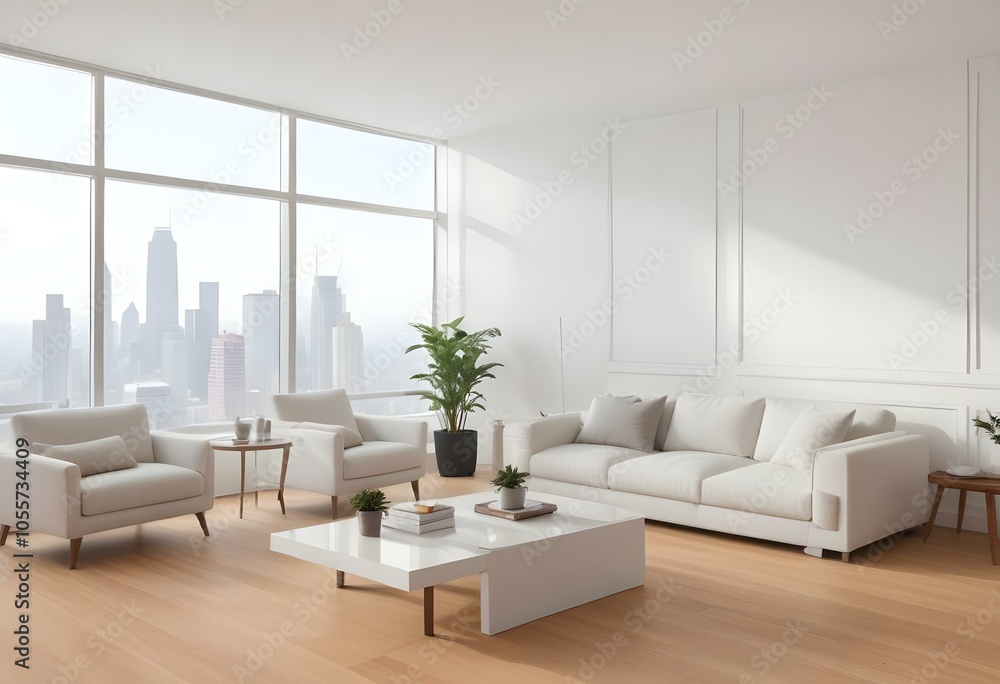 Fototapeta premium A modern, minimalist living room with large windows overlooking a city skyline. The room features a white sofa, armchair, and coffee table, along with a potted plant and a laptop on the table.