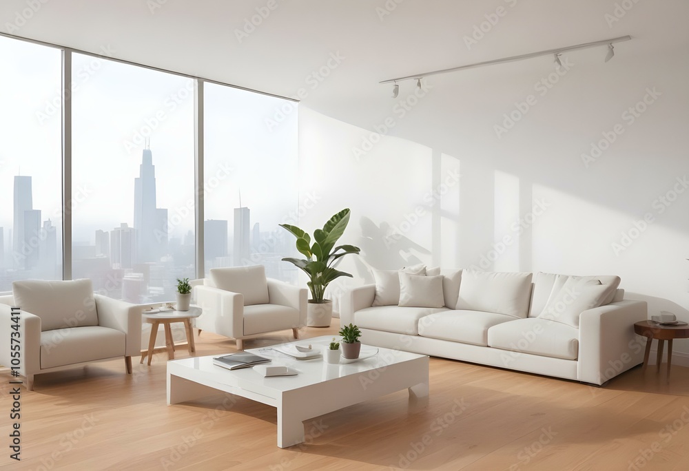 Fototapeta premium A modern, minimalist living room with large windows overlooking a city skyline. The room features a white sofa, armchair, and coffee table, along with a potted plant and a laptop on the table.