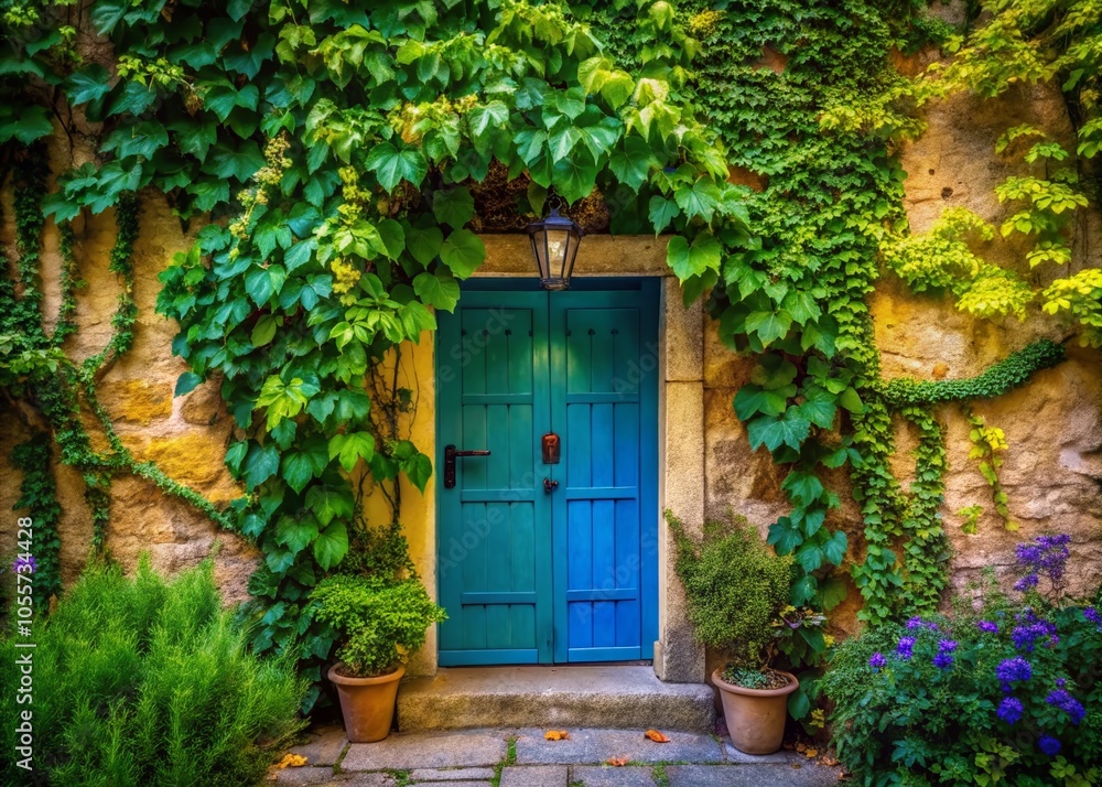 Beautiful Blue Door Surrounded by Green Vines in a Quaint Village Entrance - Documentary Photography Beautiful Blue Door Surrounded by Green Vines in a Quaint Village Entrance - Documentary Photography