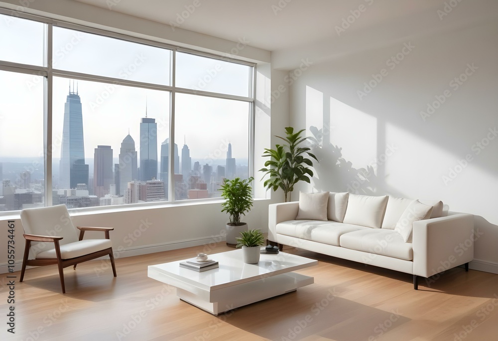 Fototapeta premium A modern, minimalist living room with large windows overlooking a city skyline. The room features a white sofa, armchair, and coffee table, along with a potted plant and a laptop on the table.