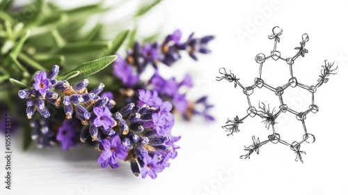 Lavender sprig with overlay of linalool molecule, highlighting essential oil properties, isolated on white photo