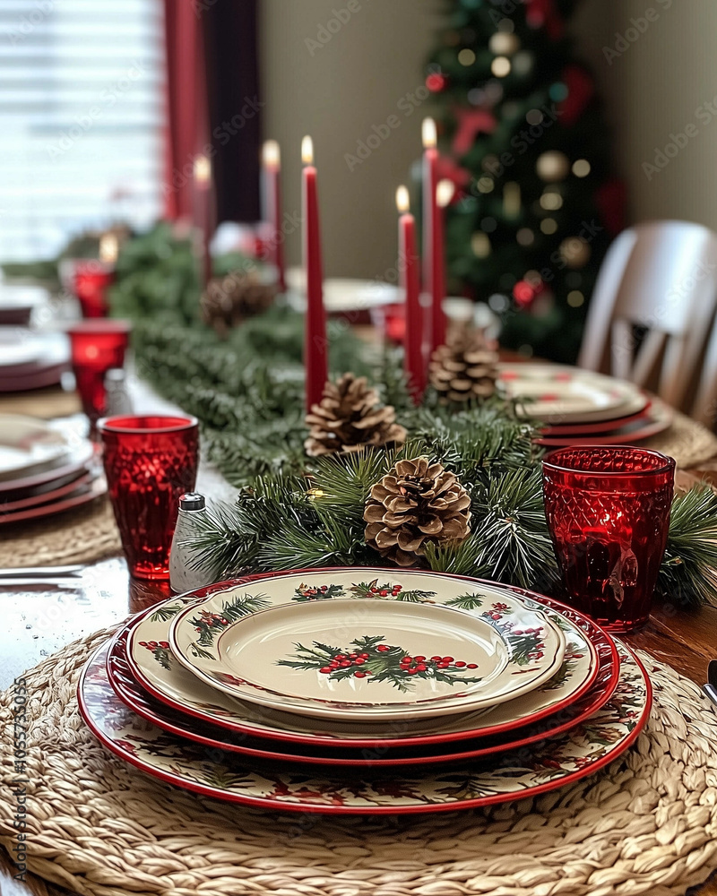 Festive table set for Christmas brunch with holiday-themed place settings Festive table set for Christmas brunch with holiday-themed place settings