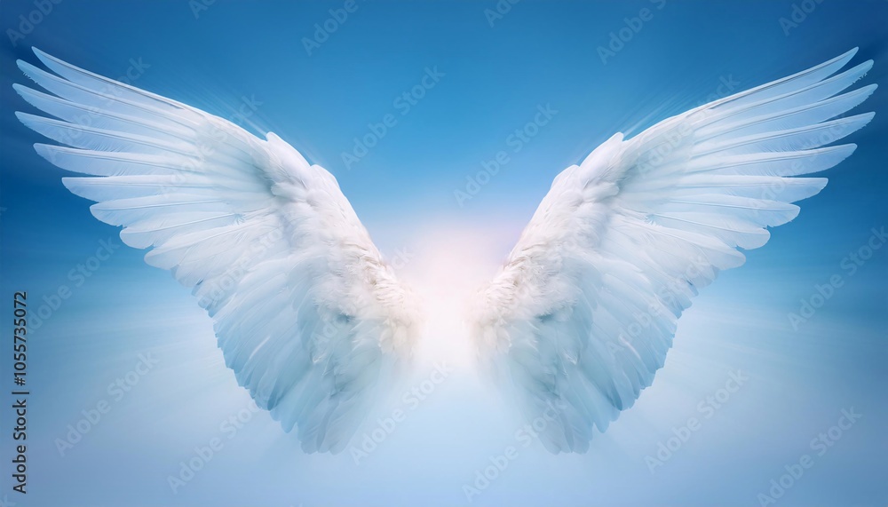 Obraz premium White wings of light - wings shape cloud providing a blue white calming blue background abstract