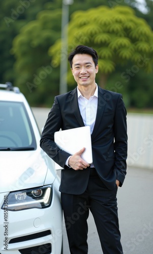 Professional Asian Car Salesman Standing Beside Car for Sale in Outdoor Car Lot