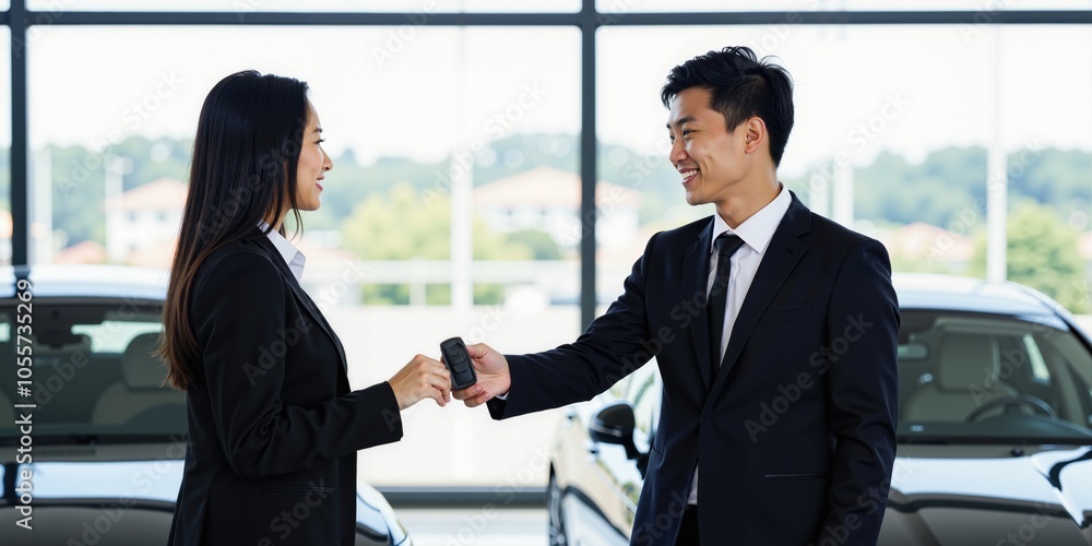 Asian Car Salesman Handing Over Keys to New Owner Inside Showroom Asian Car Salesman Handing Over Keys to New Owner Inside Showroom