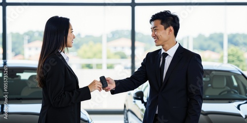 Asian Car Salesman Handing Over Keys to New Owner Inside Showroom photo