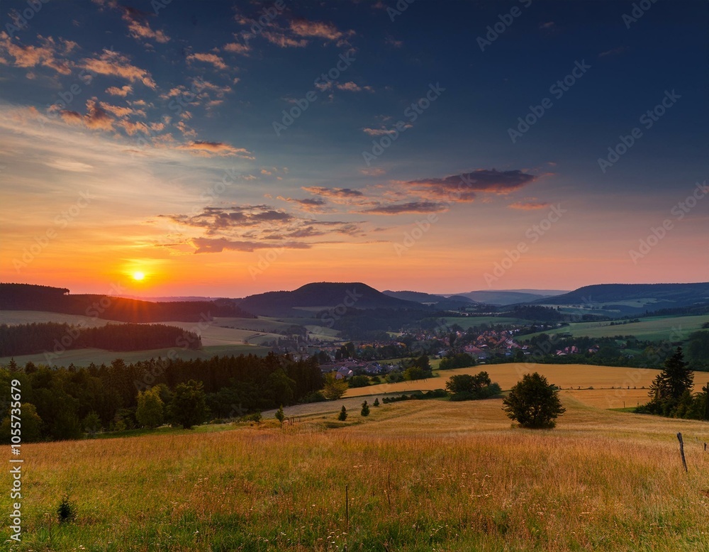 Picturesque sunset in Beskid Sądecki seen from the tower in Wola Krogulecka, with views of the mountains and fields. Picturesque sunset in Beskid Sądecki seen from the tower in Wola Krogulecka, with views of the mountains and fields.