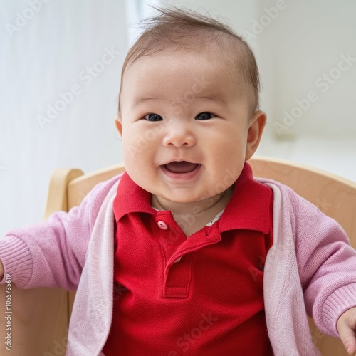 cute asian baby sitting on the floor isolated on white background