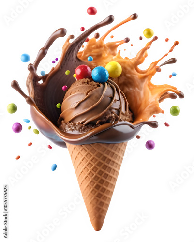 Colorful ice cream cones with splash on transparent background