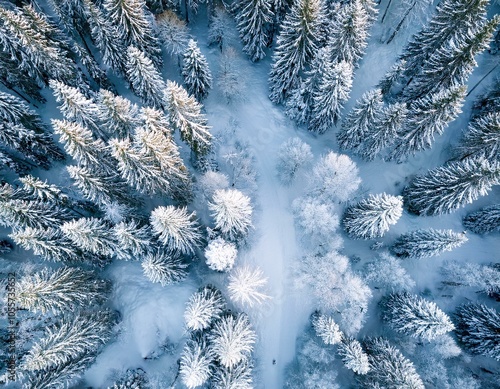 Aerial view of winter forest with snow covered everywhere. Winter landscape top view