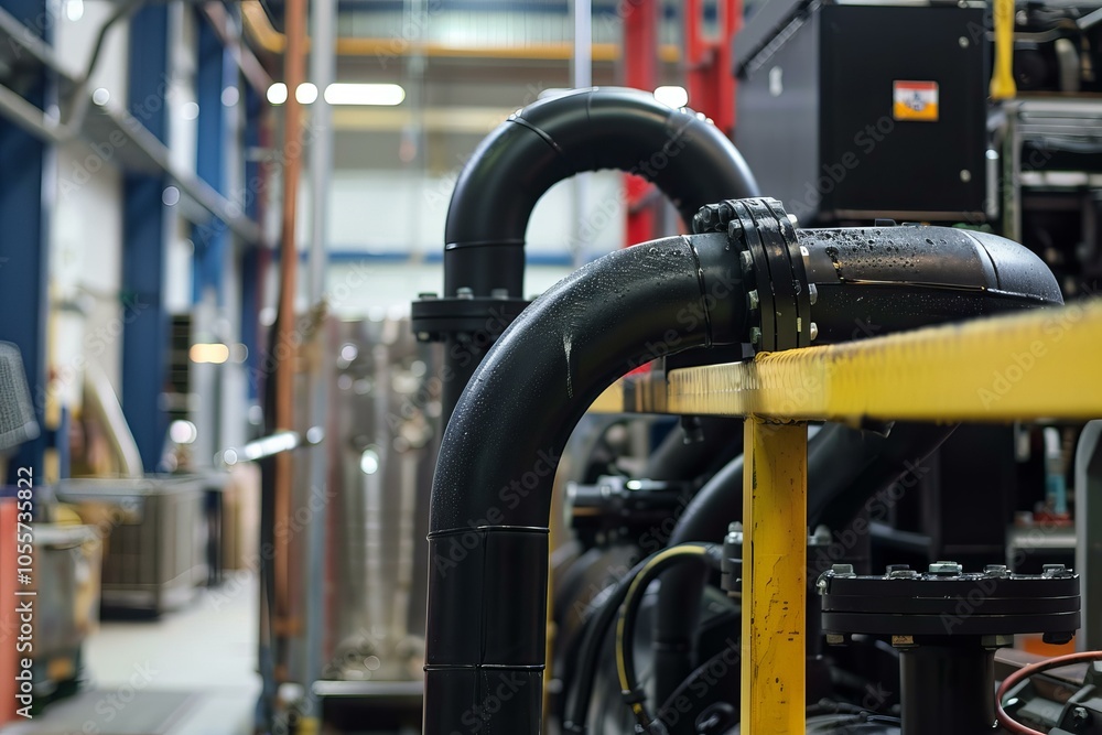 Fototapeta premium Black industrial pipes transporting chemicals in a factory setting