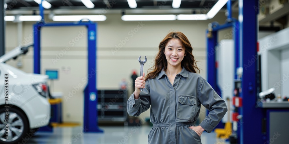 Cheerful Asian Female Car Mechanic with Tools in Repair Garage Cheerful Asian Female Car Mechanic with Tools in Repair Garage