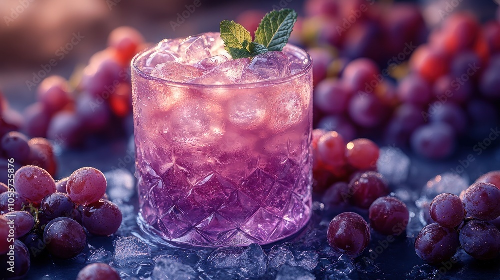 Closeup of a refreshing purple cocktail with ice cubes and a mint leaf garnish, surrounded by red grapes. Closeup of a refreshing purple cocktail with ice cubes and a mint leaf garnish, surrounded by red grapes.