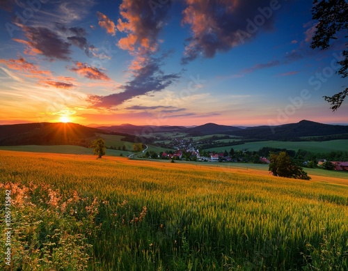 Picturesque sunset in Beskid Sądecki seen from the tower in Wola Krogulecka, with views of the mountains and fields.