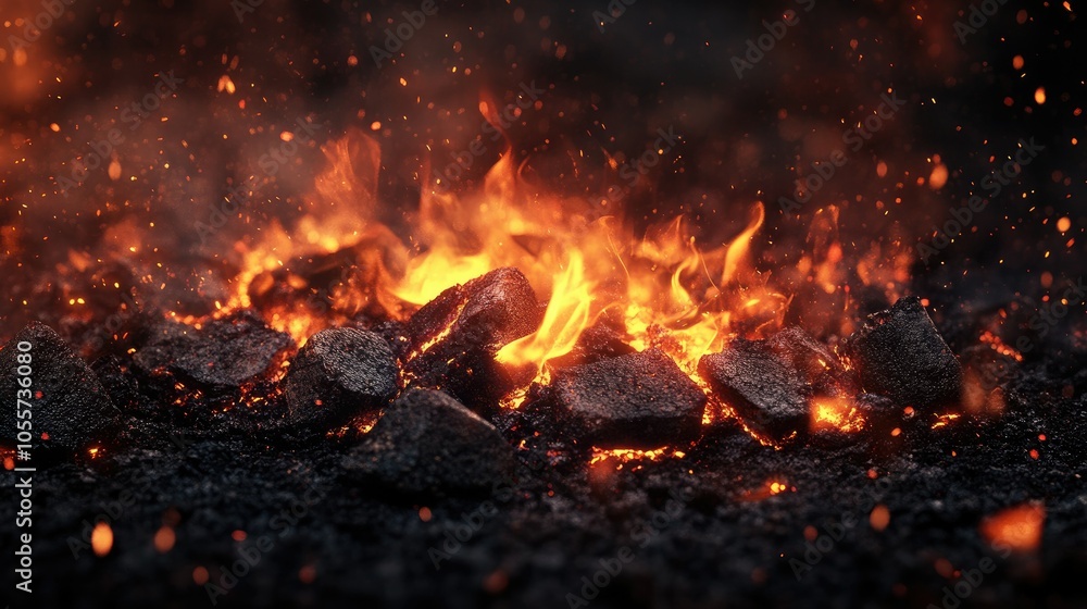 Burning charcoal with bright flames and glowing embers, perfect for a fiery barbecue-themed backdrop. Burning charcoal with bright flames and glowing embers, perfect for a fiery barbecue-themed backdrop.