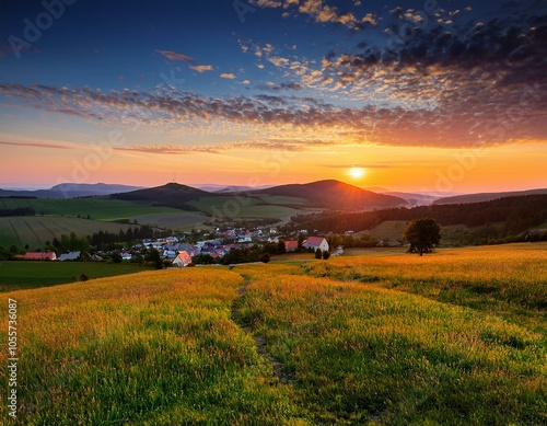 Picturesque sunset in Beskid Sądecki seen from the tower in Wola Krogulecka, with views of the mountains and fields. photo