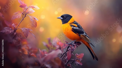 A Baltimore Oriole Perched on a Branch with Autumnal Background photo