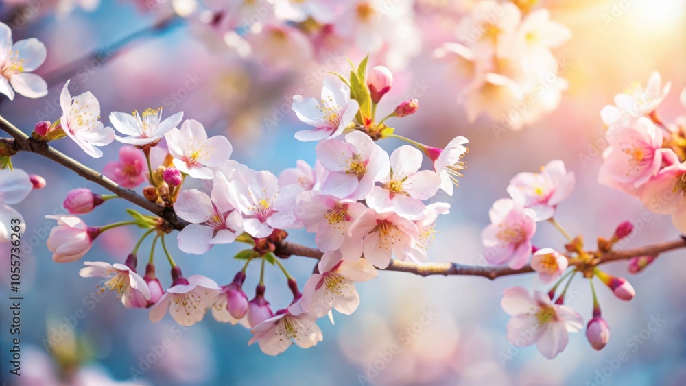 Close-up of delicate spring pastel bloom on cherry blossom tree branch in orchard Close-up of delicate spring pastel bloom on cherry blossom tree branch in orchard