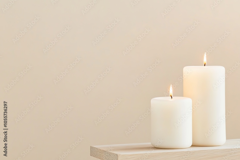 Two lit candles on shelf, serene beige backdrop Two lit candles on shelf, serene beige backdrop