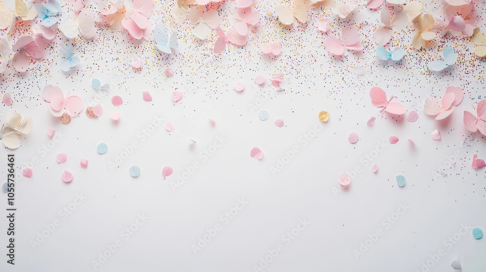 Light pastel confetti and sparkles scattered on a clean white background create a magical, cheerful effect with plenty of space for text Light pastel confetti and sparkles scattered on a clean white background create a magical, cheerful effect with plenty of space for text