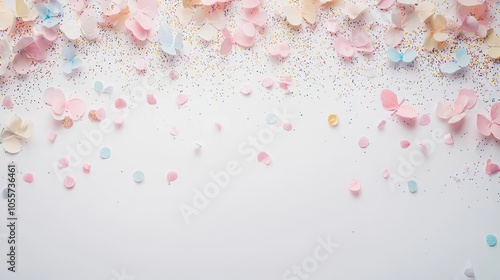 Light pastel confetti and sparkles scattered on a clean white background create a magical, cheerful effect with plenty of space for text photo