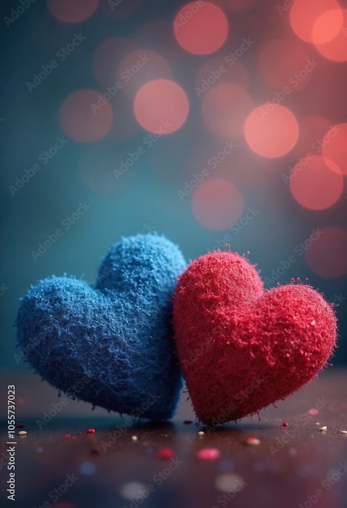 Fototapeta premium Two textured hearts, one blue and one red, set against a vibrant bokeh background